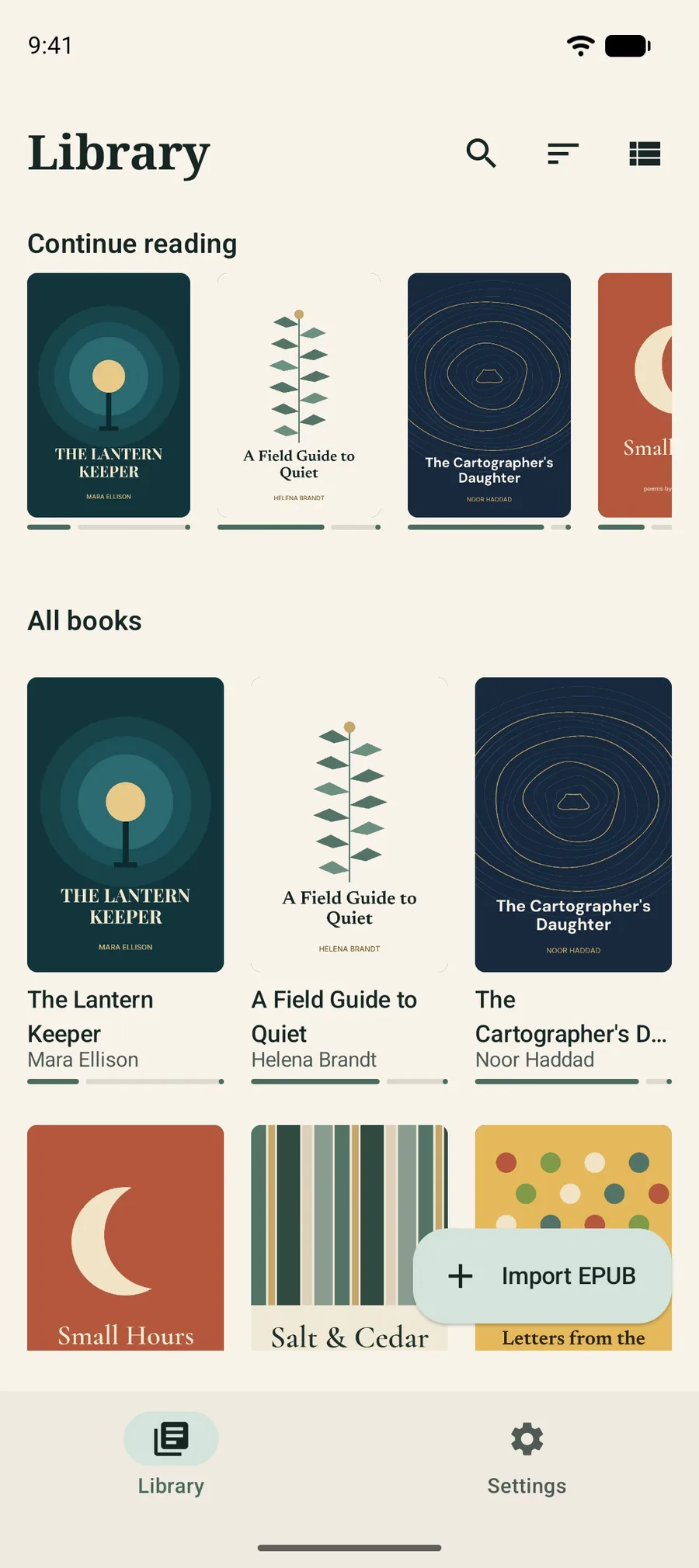 BookDeep library with a Continue reading row and a grid of book covers