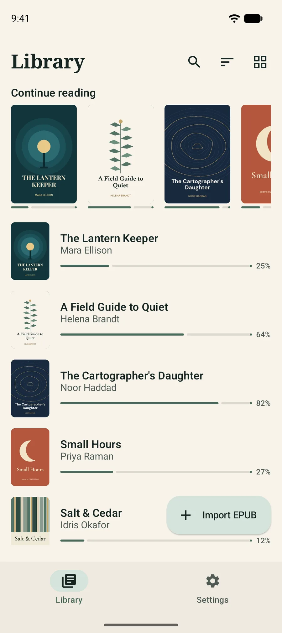 The BookDeep library as a list with covers, authors and reading progress