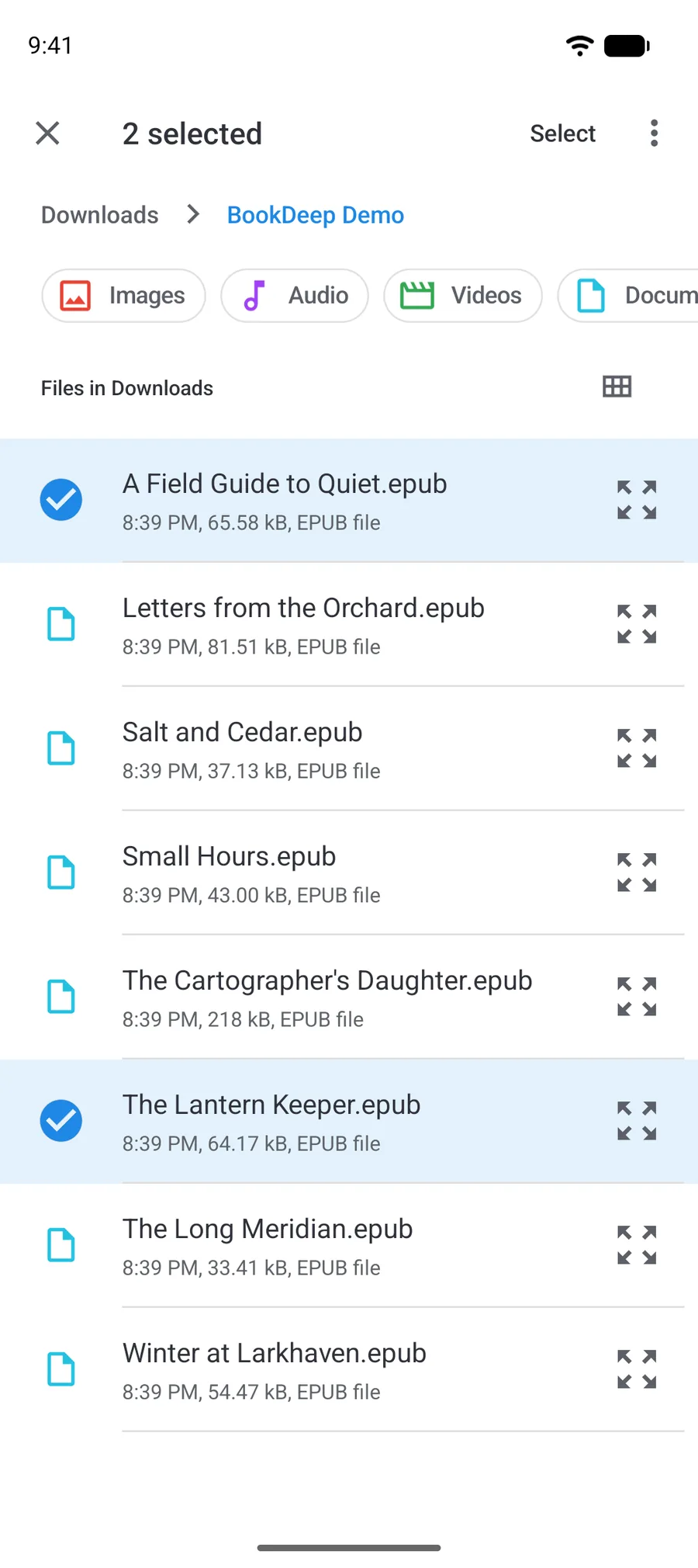 Android file picker showing several EPUB files with two selected for import