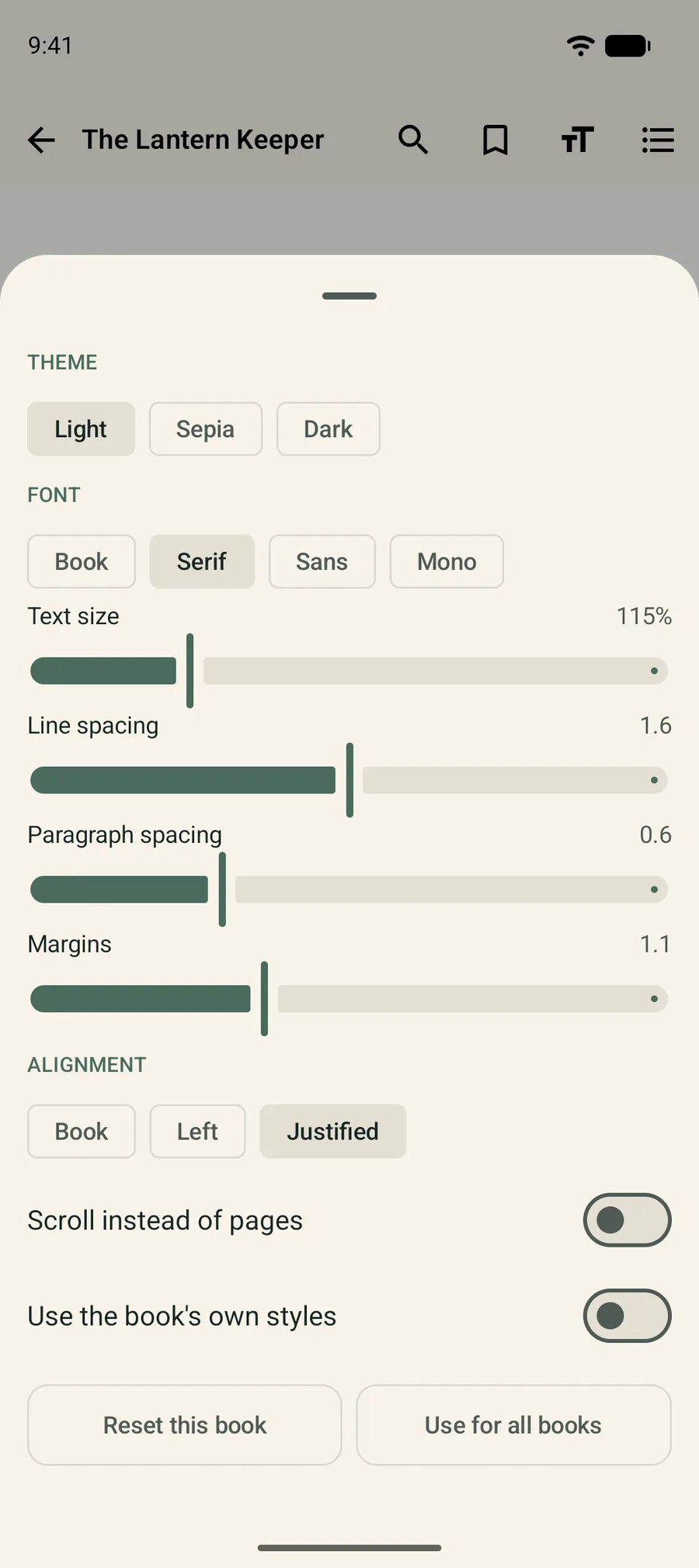 Reading appearance sheet with theme, font, text size, line spacing, paragraph spacing, margins and alignment controls