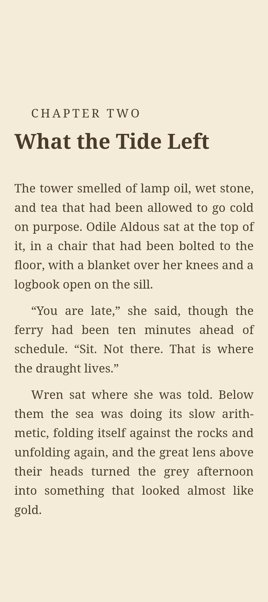 BookDeep on the sepia theme, showing the start of a chapter